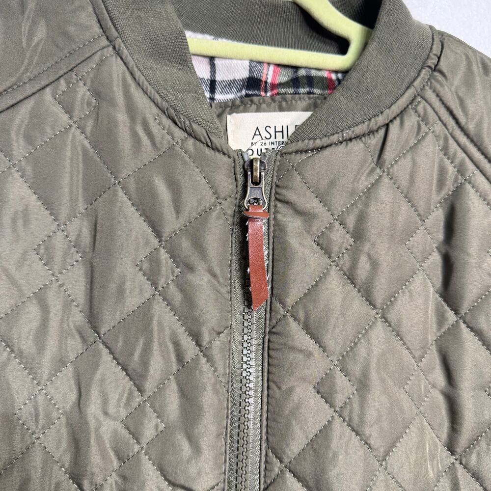 Ashley Olive Green Quilted Bomber Jacket Plaid Lined Sz M - Picture 4 of 9